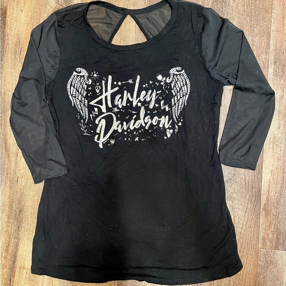 Harley Davidson sz Medium bedazzled black shirt. Long sheer sleeves. Like new